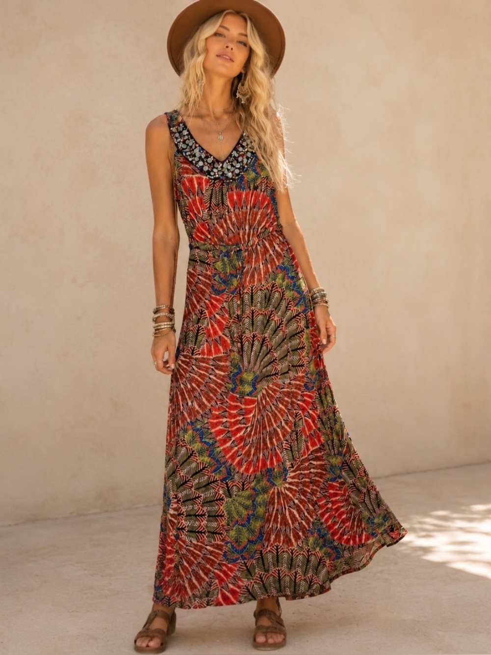 Valerie Stevens Womens Sleeveless Beaded Maxi Dress Multicolor Floral Print L